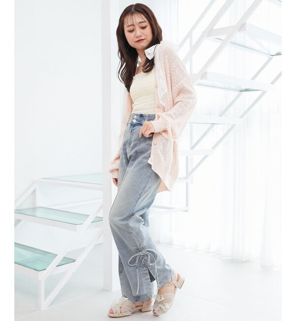  「レースアップスカシ柄ミディカーデ」|カーディガン|