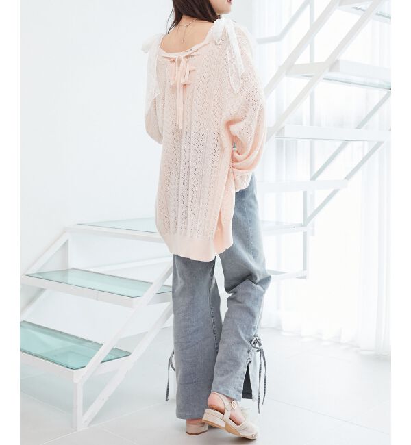  「レースアップスカシ柄ミディカーデ」|カーディガン|