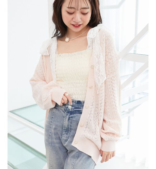 「レースアップスカシ柄ミディカーデ」|カーディガン|