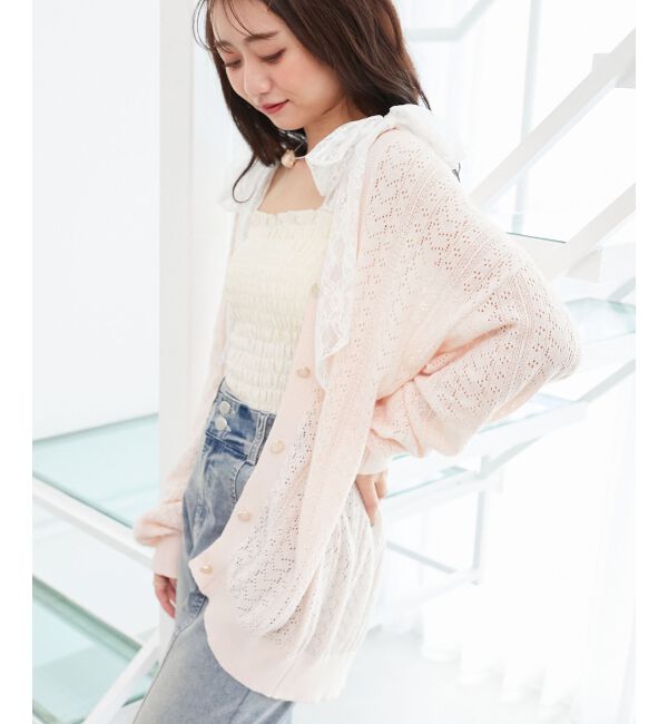  「レースアップスカシ柄ミディカーデ」|カーディガン|