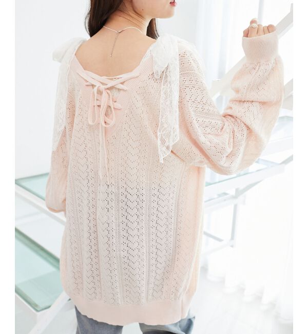  「レースアップスカシ柄ミディカーデ」|カーディガン|