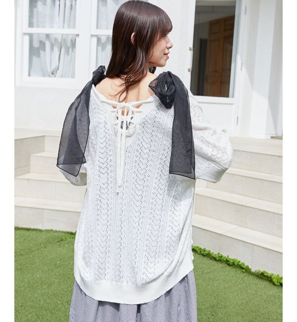  「レースアップスカシ柄ミディカーデ」|カーディガン|