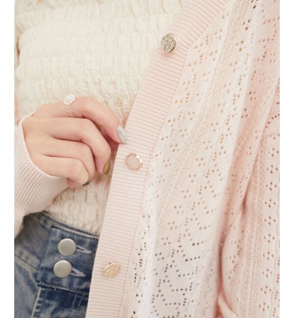  「レースアップスカシ柄ミディカーデ」|カーディガン|