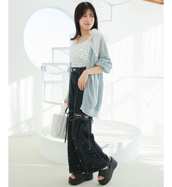  「レースアップスカシ柄ミディカーデ」|カーディガン|