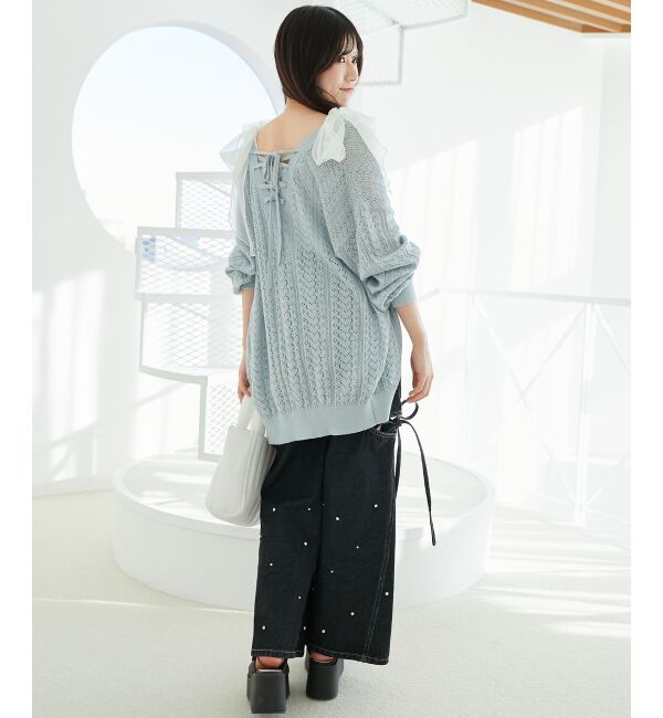  「レースアップスカシ柄ミディカーデ」|カーディガン|