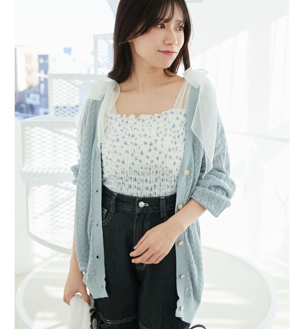  「レースアップスカシ柄ミディカーデ」|カーディガン|