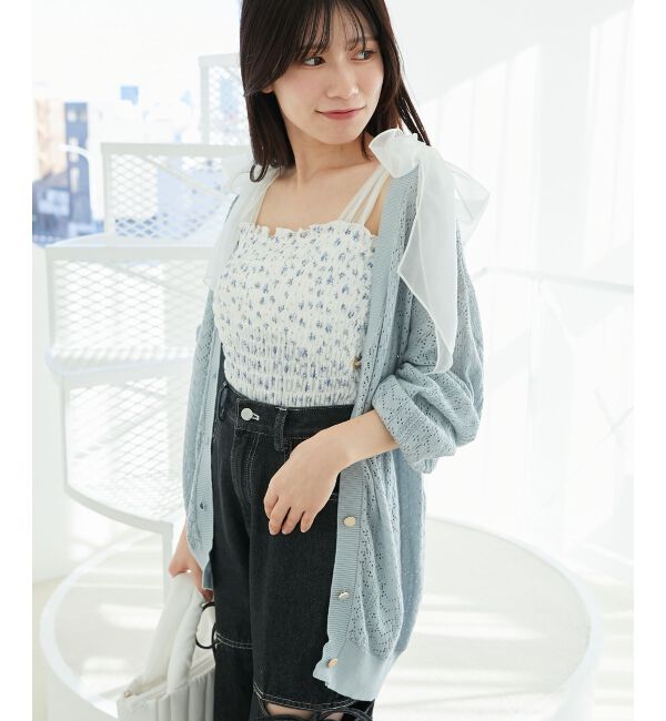  「レースアップスカシ柄ミディカーデ」|カーディガン|