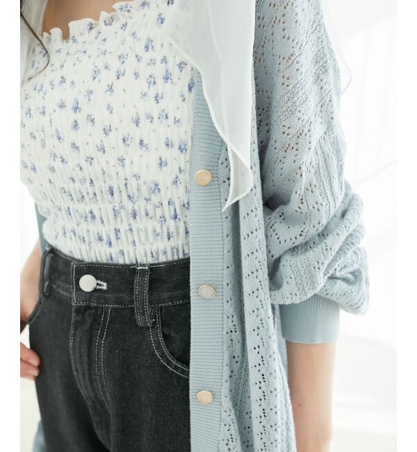  「レースアップスカシ柄ミディカーデ」|カーディガン|
