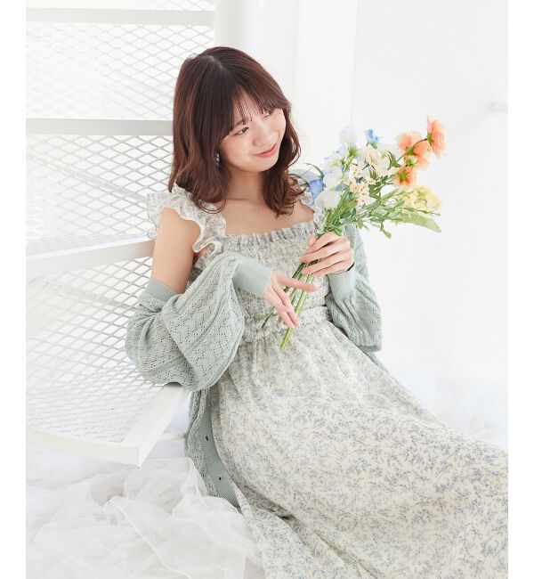  「レースアップスカシ柄ミディカーデ」|カーディガン|