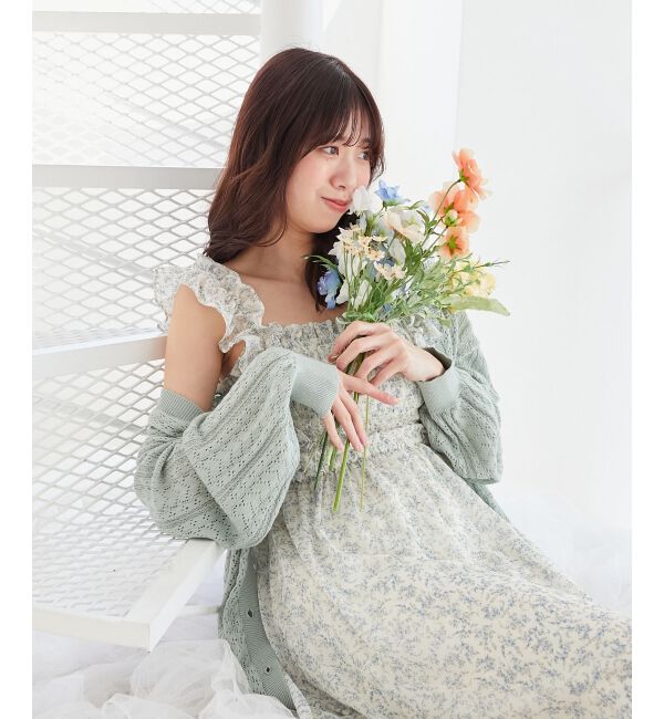  「レースアップスカシ柄ミディカーデ」|カーディガン|