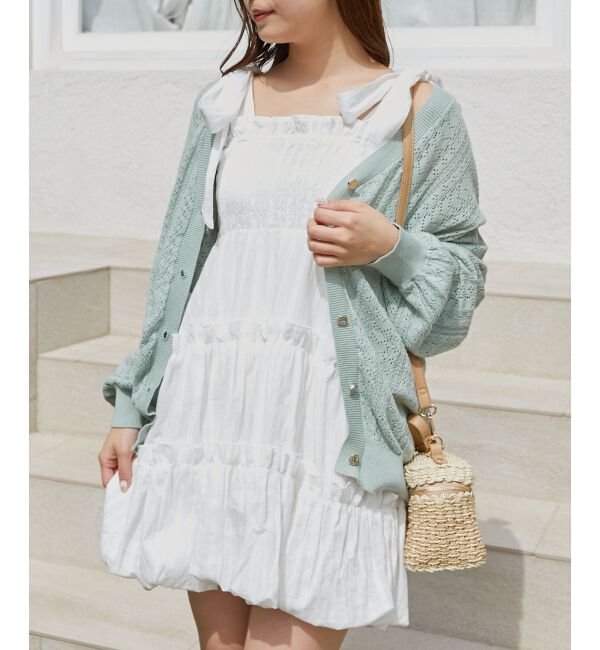  「レースアップスカシ柄ミディカーデ」|カーディガン|