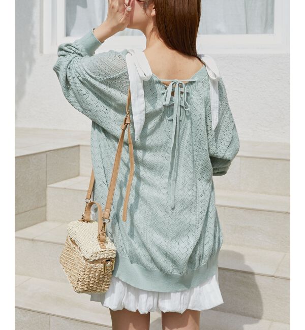  「レースアップスカシ柄ミディカーデ」|カーディガン|