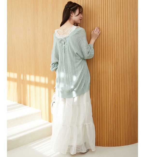  「レースアップスカシ柄ミディカーデ」|カーディガン|