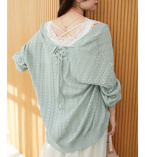  「レースアップスカシ柄ミディカーデ」|カーディガン|