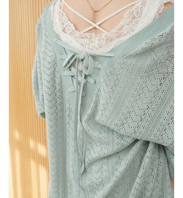  「レースアップスカシ柄ミディカーデ」|カーディガン|