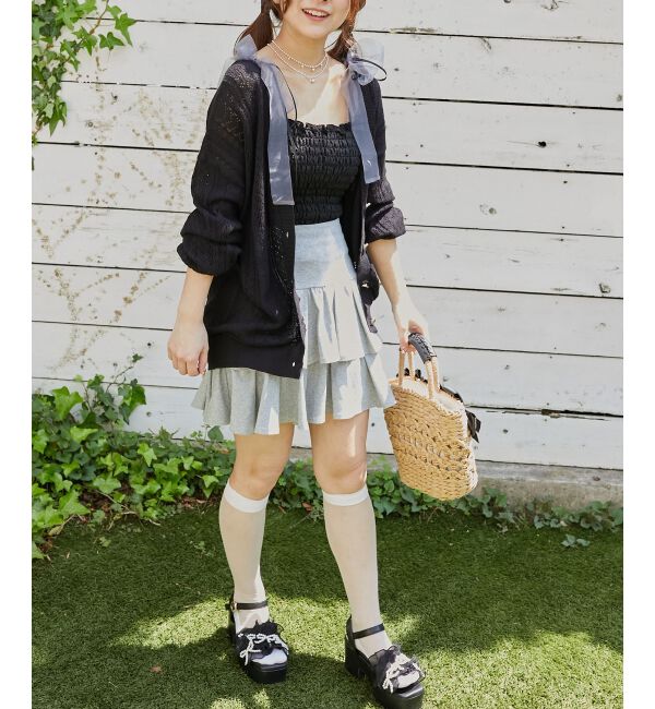  「レースアップスカシ柄ミディカーデ」|カーディガン|