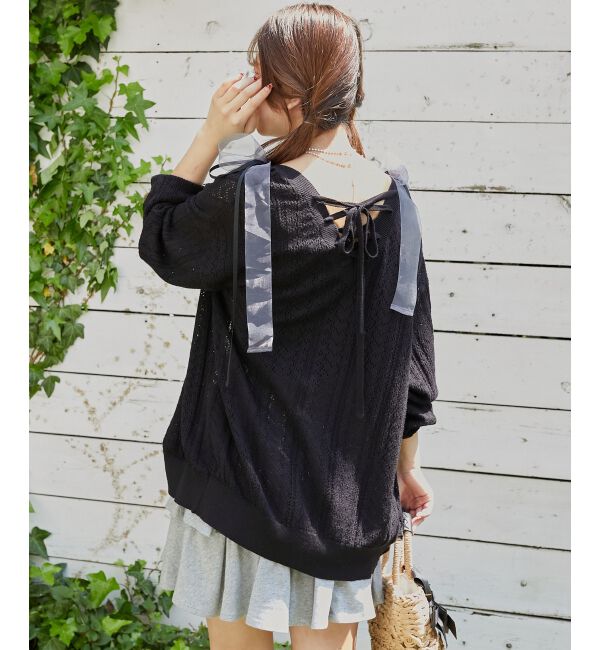  「レースアップスカシ柄ミディカーデ」|カーディガン|