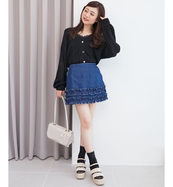  「レースアップスカシ柄ミディカーデ」|カーディガン|