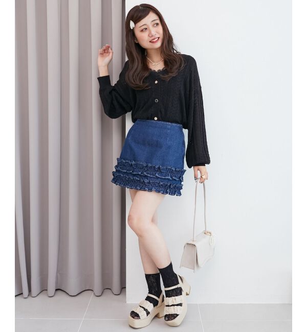  「レースアップスカシ柄ミディカーデ」|カーディガン|