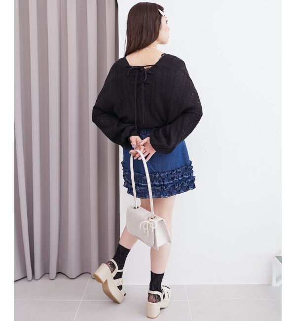  「レースアップスカシ柄ミディカーデ」|カーディガン|