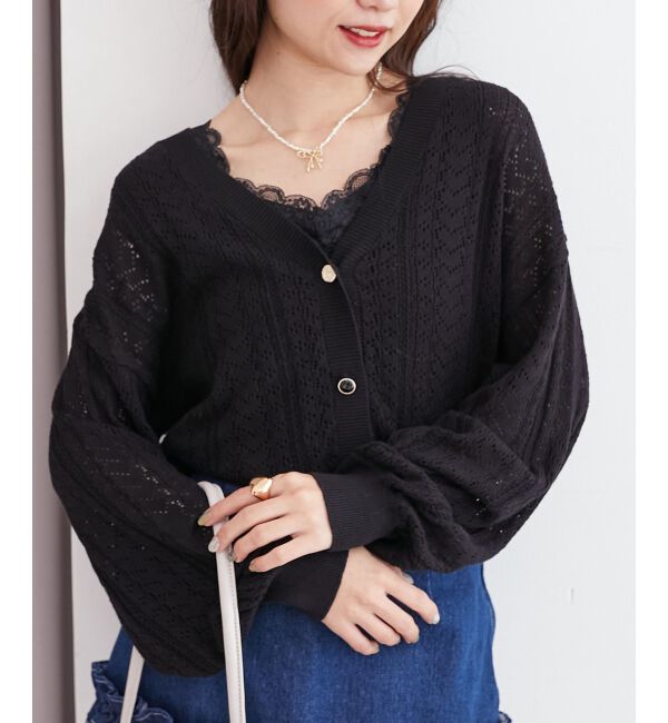  「レースアップスカシ柄ミディカーデ」|カーディガン|