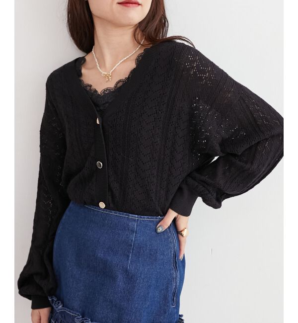  「レースアップスカシ柄ミディカーデ」|カーディガン|