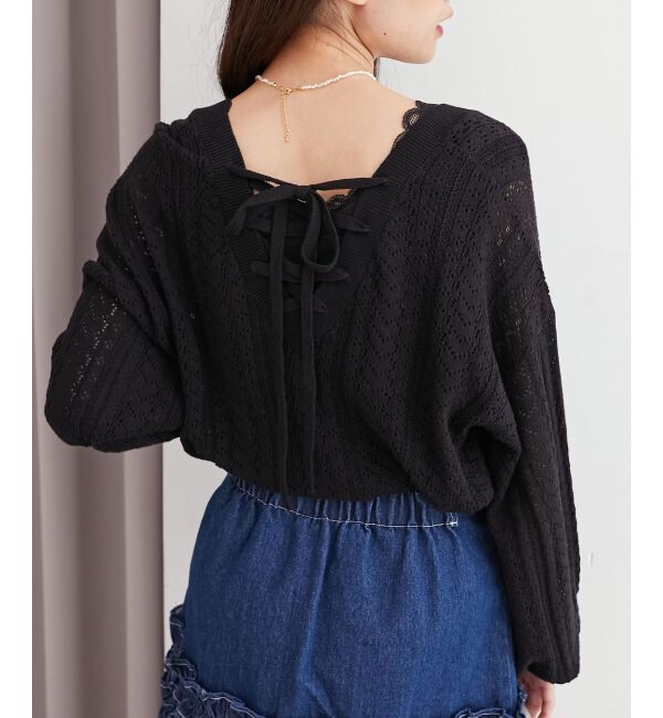  「レースアップスカシ柄ミディカーデ」|カーディガン|