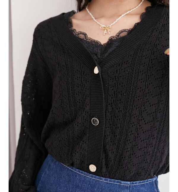  「レースアップスカシ柄ミディカーデ」|カーディガン|