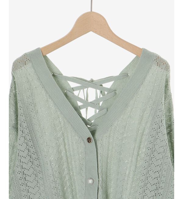  「レースアップスカシ柄ミディカーデ」|カーディガン|