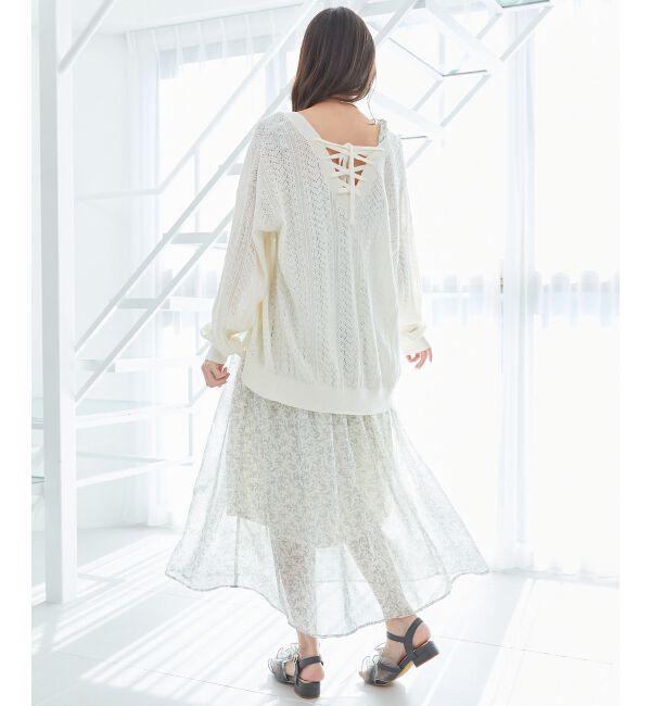  「レースアップスカシ柄ミディカーデ」|カーディガン|