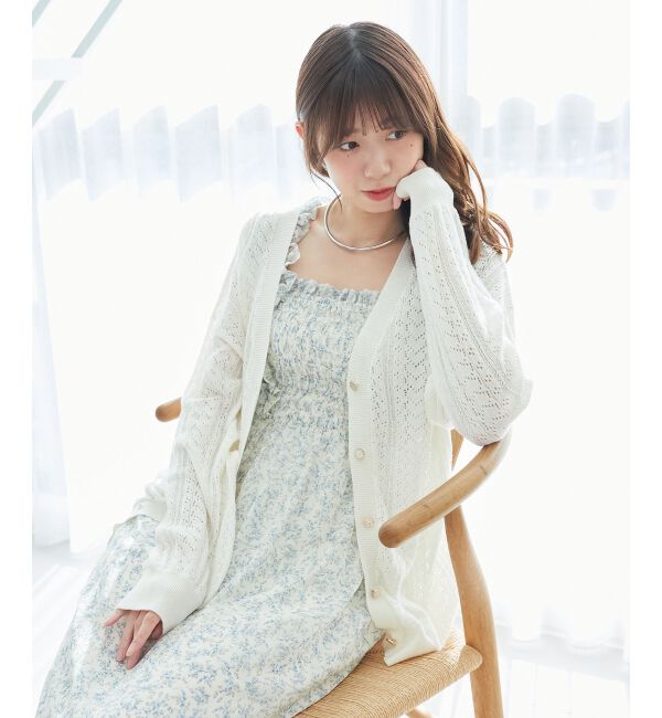  「レースアップスカシ柄ミディカーデ」|カーディガン|