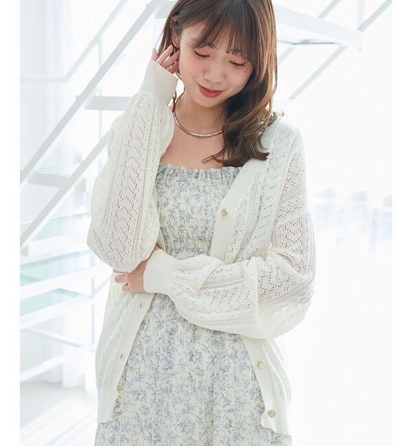  「レースアップスカシ柄ミディカーデ」|カーディガン|