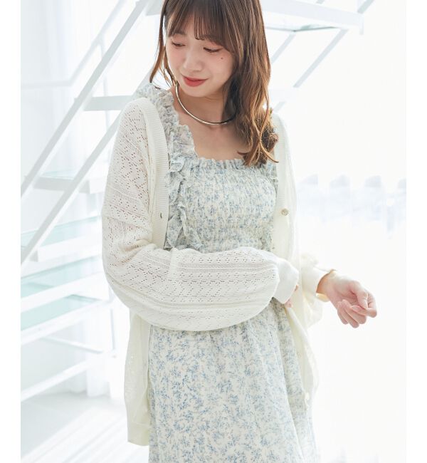  「レースアップスカシ柄ミディカーデ」|カーディガン|