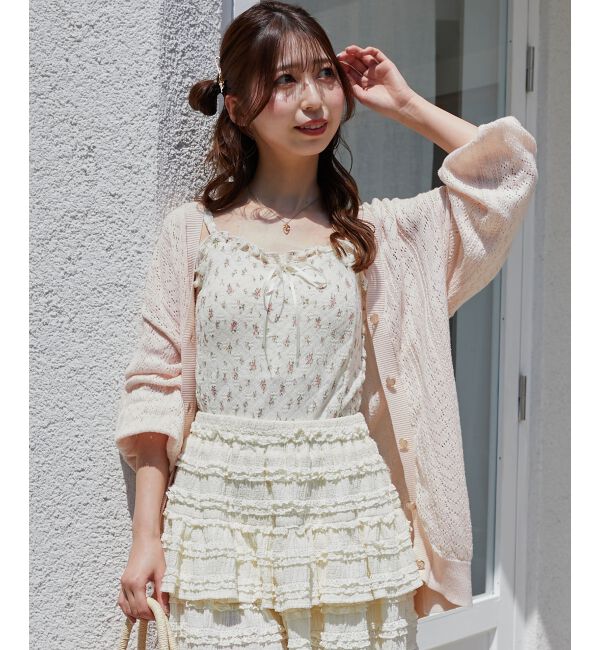  「レースアップスカシ柄ミディカーデ」|カーディガン|ピンク