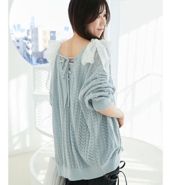  「レースアップスカシ柄ミディカーデ」|カーディガン|ブルー