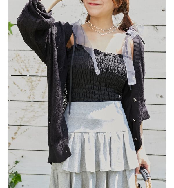  「レースアップスカシ柄ミディカーデ」|カーディガン|ブラック