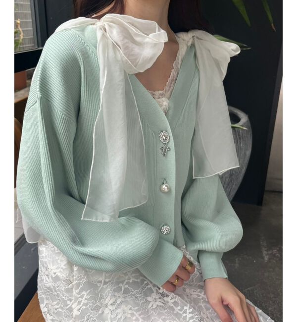 MAJESTICLEGON「リボンチャームビジューボタンカーデ」|カーディガン|