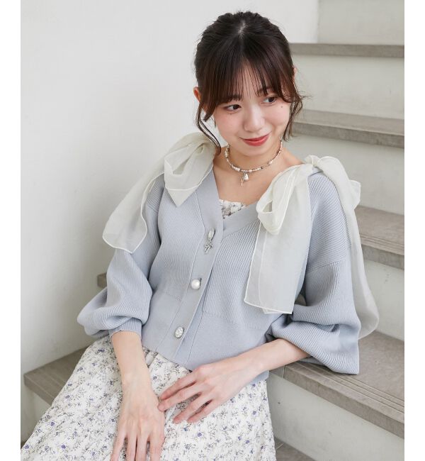 MAJESTICLEGON「リボンチャームビジューボタンカーデ」|カーディガン|