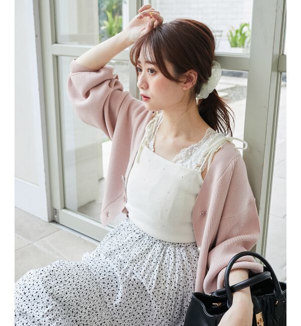 MAJESTICLEGON「リボンチャームビジューボタンカーデ」|カーディガン|ピンク