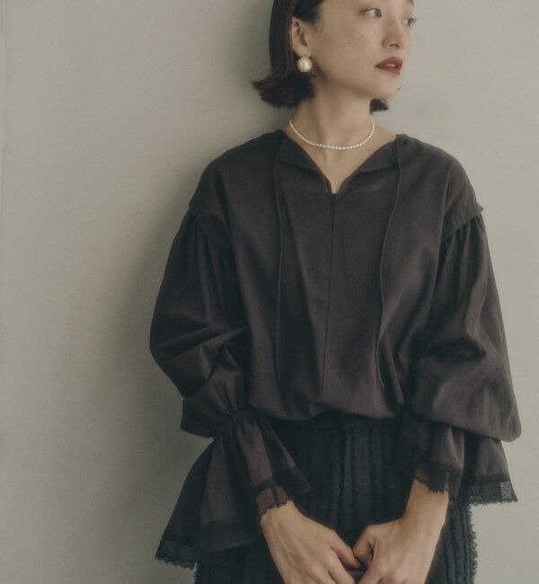  「フレア袖口レースブラウス」|プルオーバー|ブラック