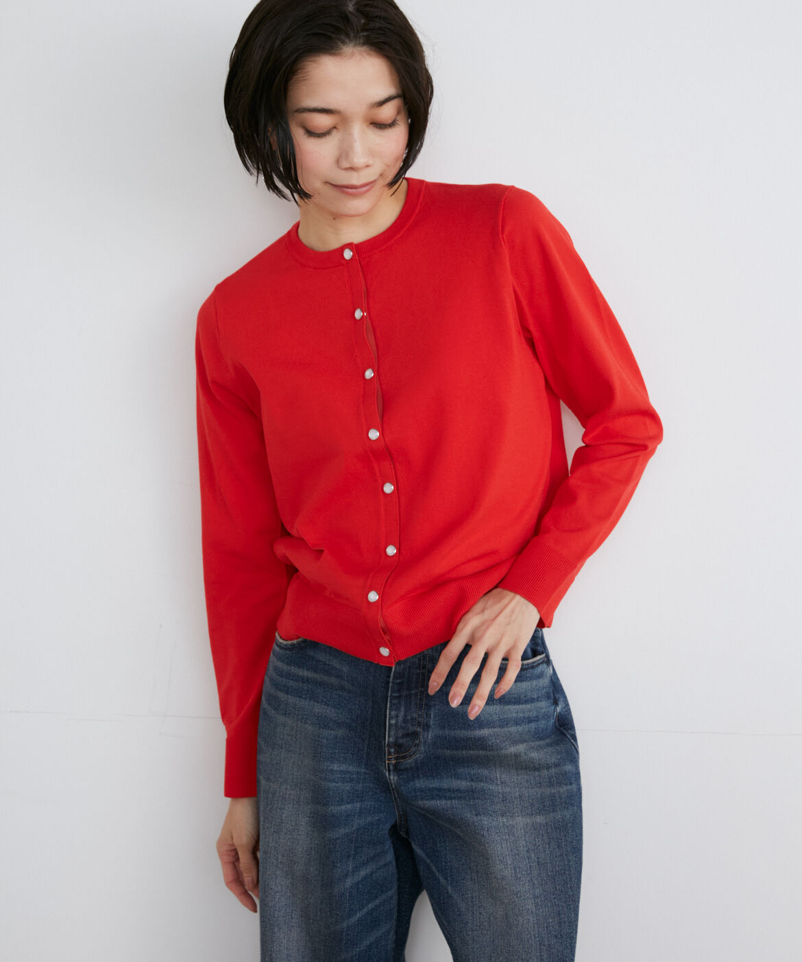 INED「《大きいサイズ》パールドットボタンカーディガン」|カーディガン|