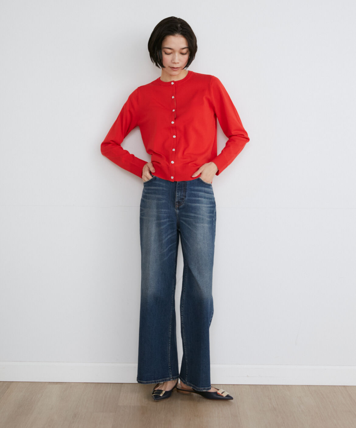 INED「《大きいサイズ》パールドットボタンカーディガン」|カーディガン|