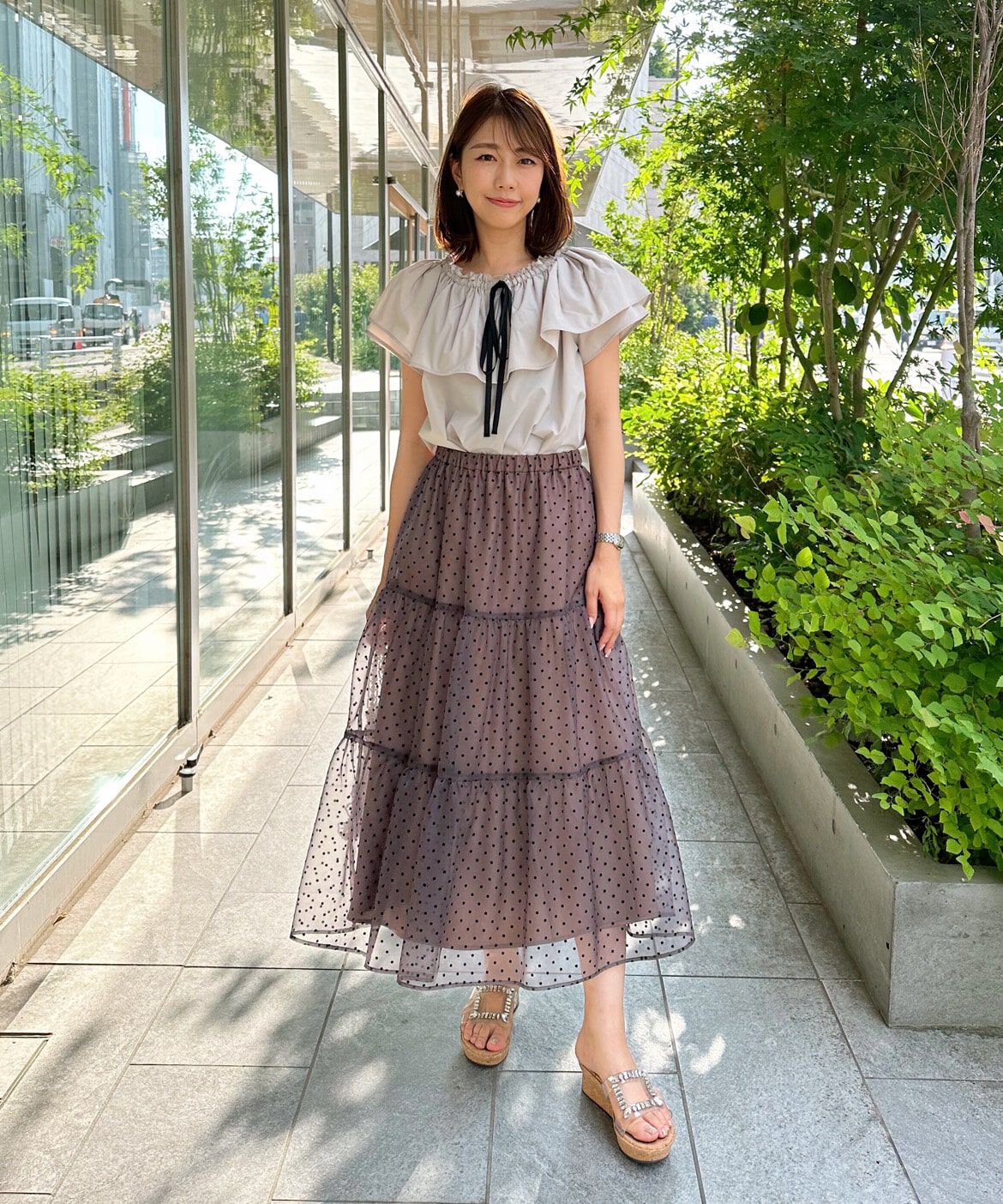 Maglie le cassetto「《プラスサイズ》配色リボンシャーリングブラウス」|シャツ・ブラウス|