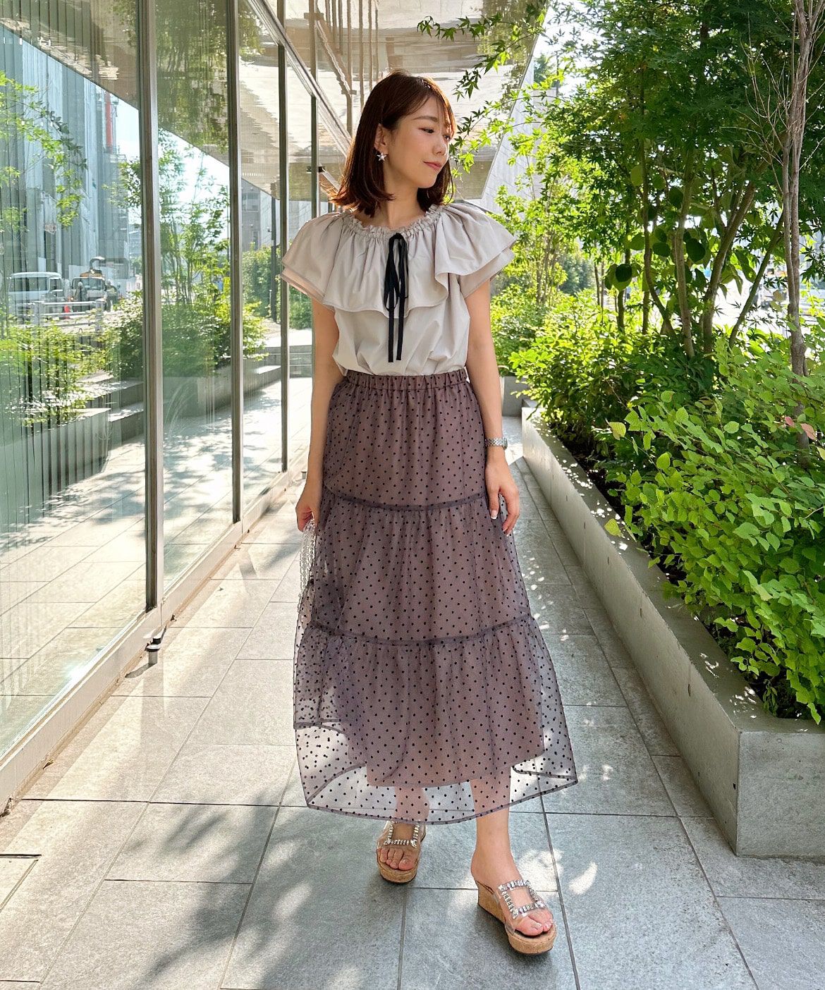 Maglie le cassetto「《プラスサイズ》配色リボンシャーリングブラウス」|シャツ・ブラウス|