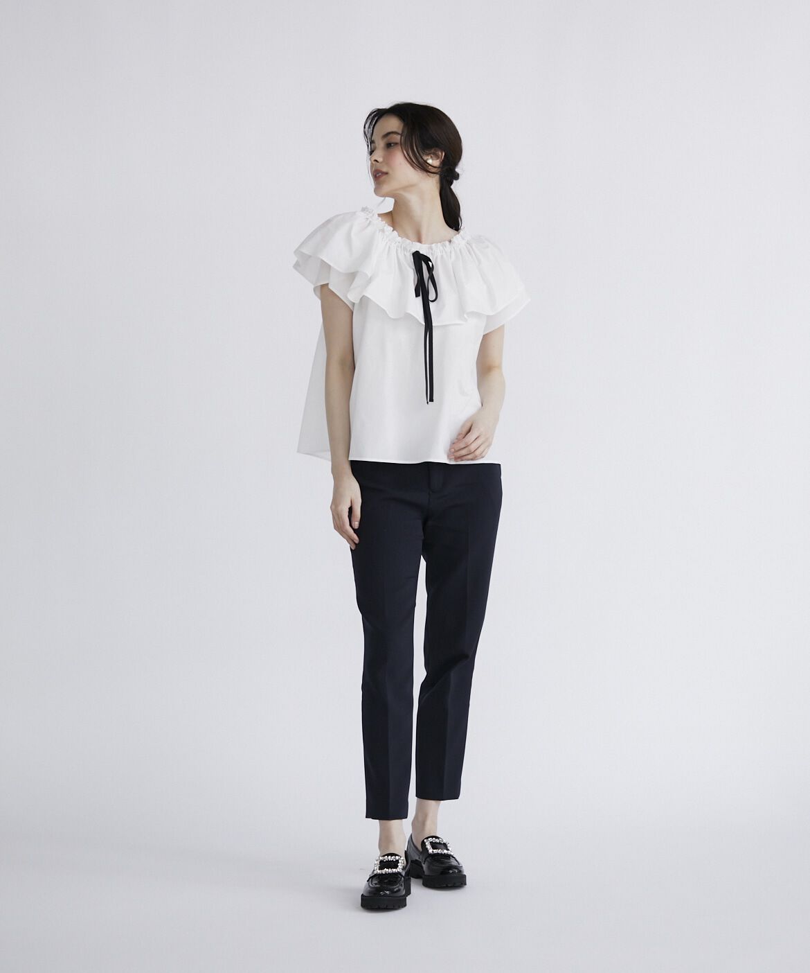 Maglie le cassetto「《プラスサイズ》配色リボンシャーリングブラウス」|シャツ・ブラウス|