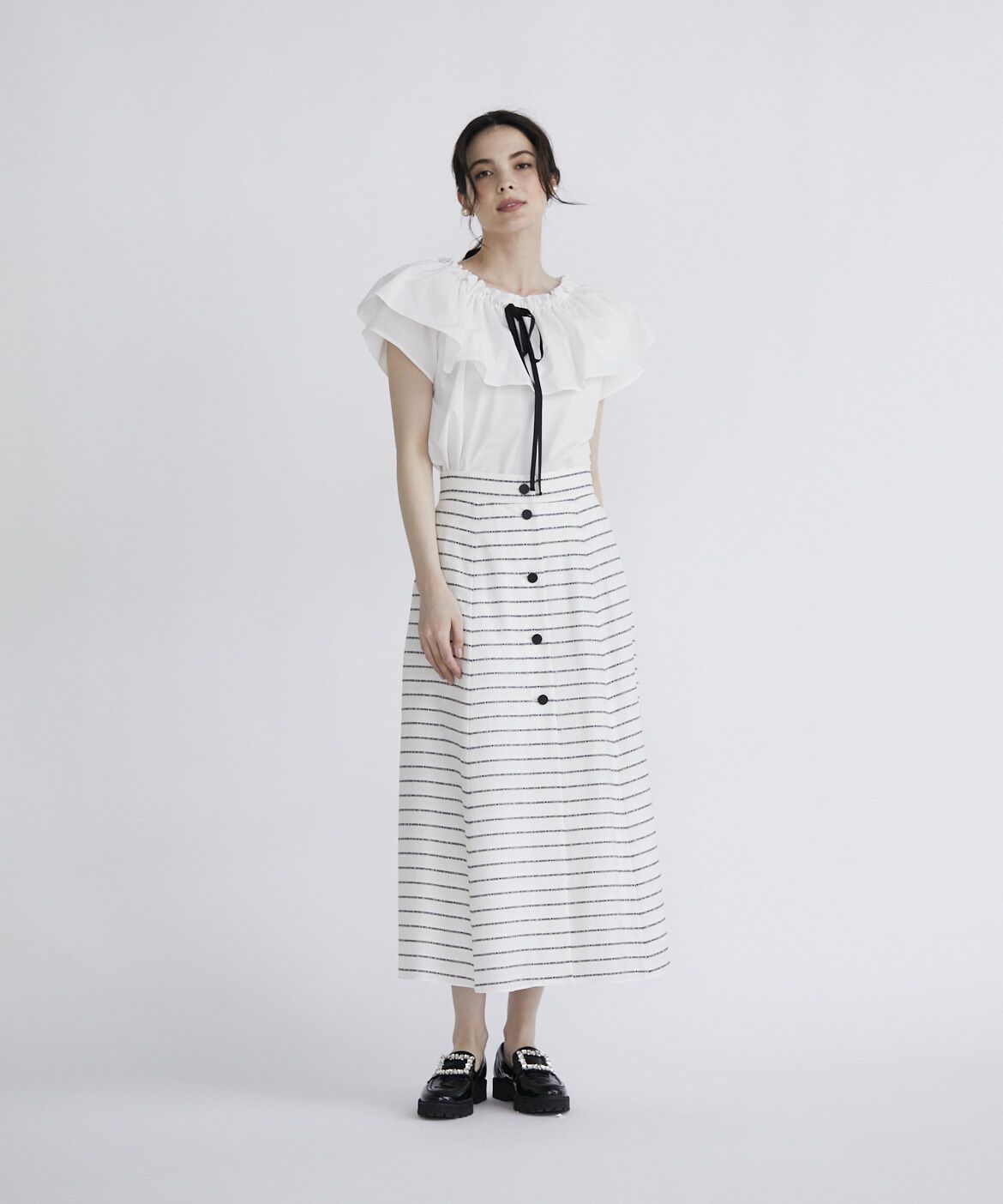 Maglie le cassetto「《プラスサイズ》配色リボンシャーリングブラウス」|シャツ・ブラウス|