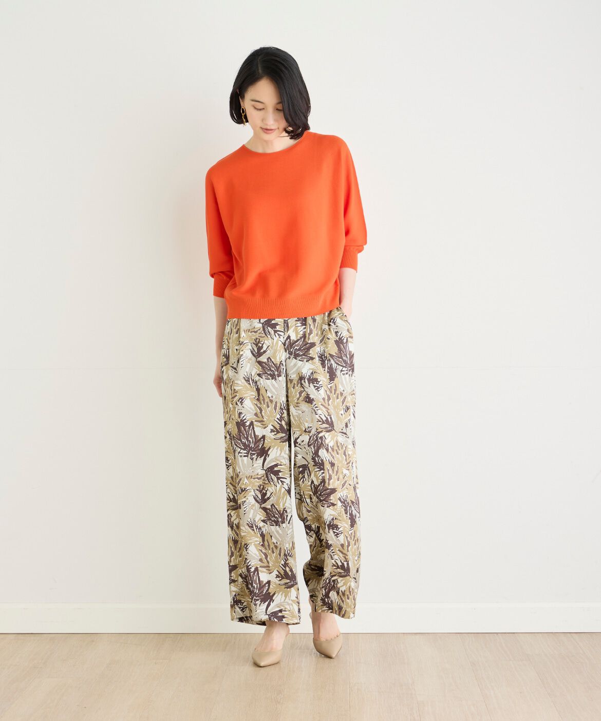 7-IDconcept.「《大きいサイズ》リーフプリントワンタックストレートパンツ」|スラックス|