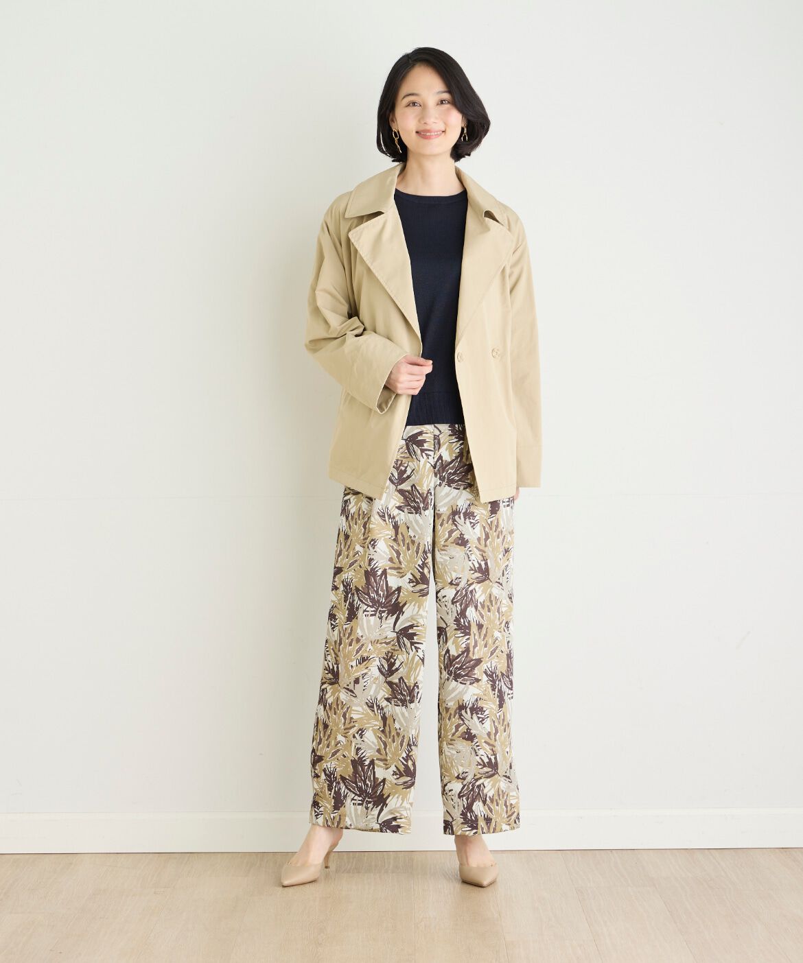 7-IDconcept.「《大きいサイズ》リーフプリントワンタックストレートパンツ」|スラックス|