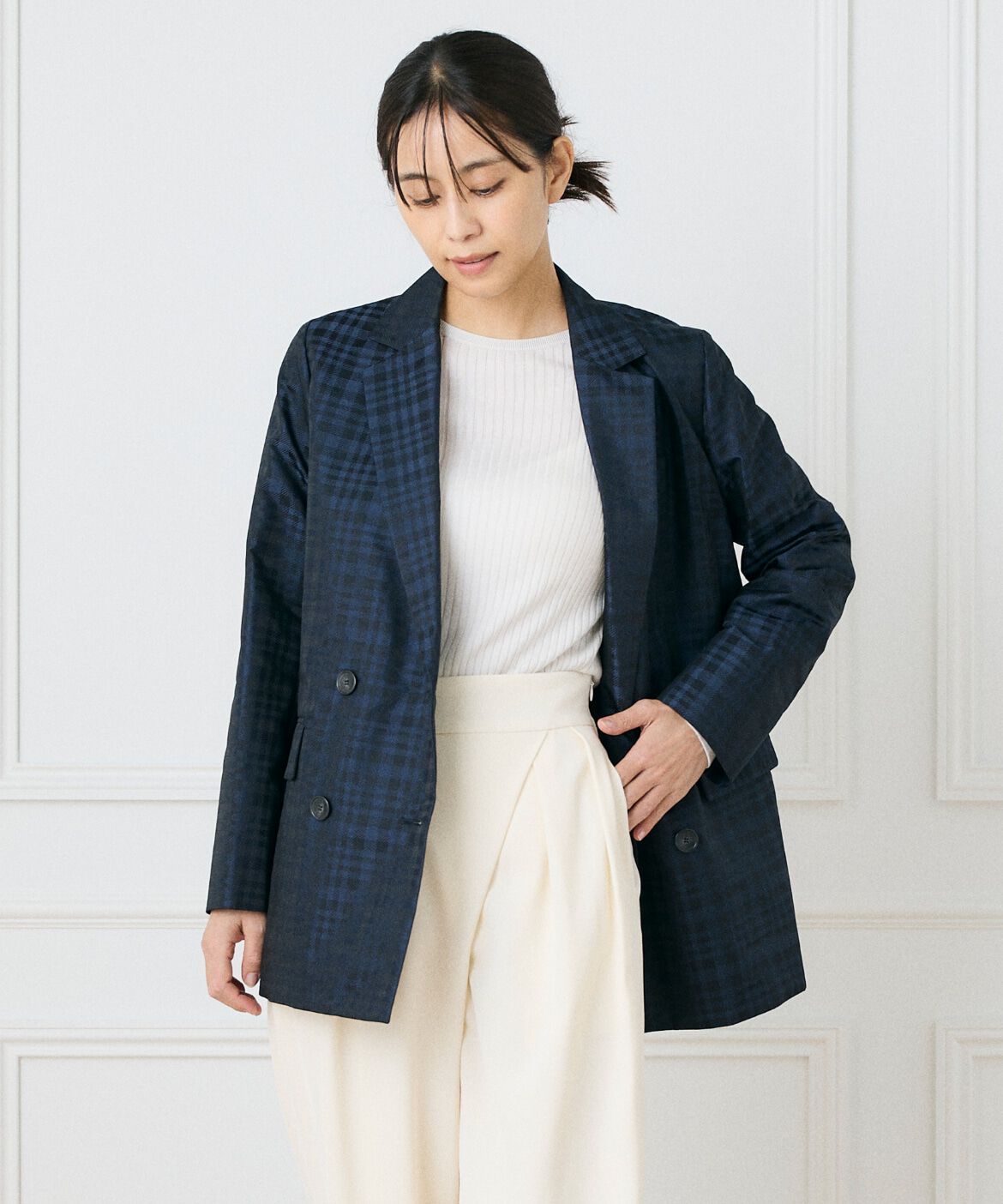 INED「チェックジャガードダブルブレストジャケット《la veille by SUPERIOR CLOSET》」|テーラードジャケット|ネイビー