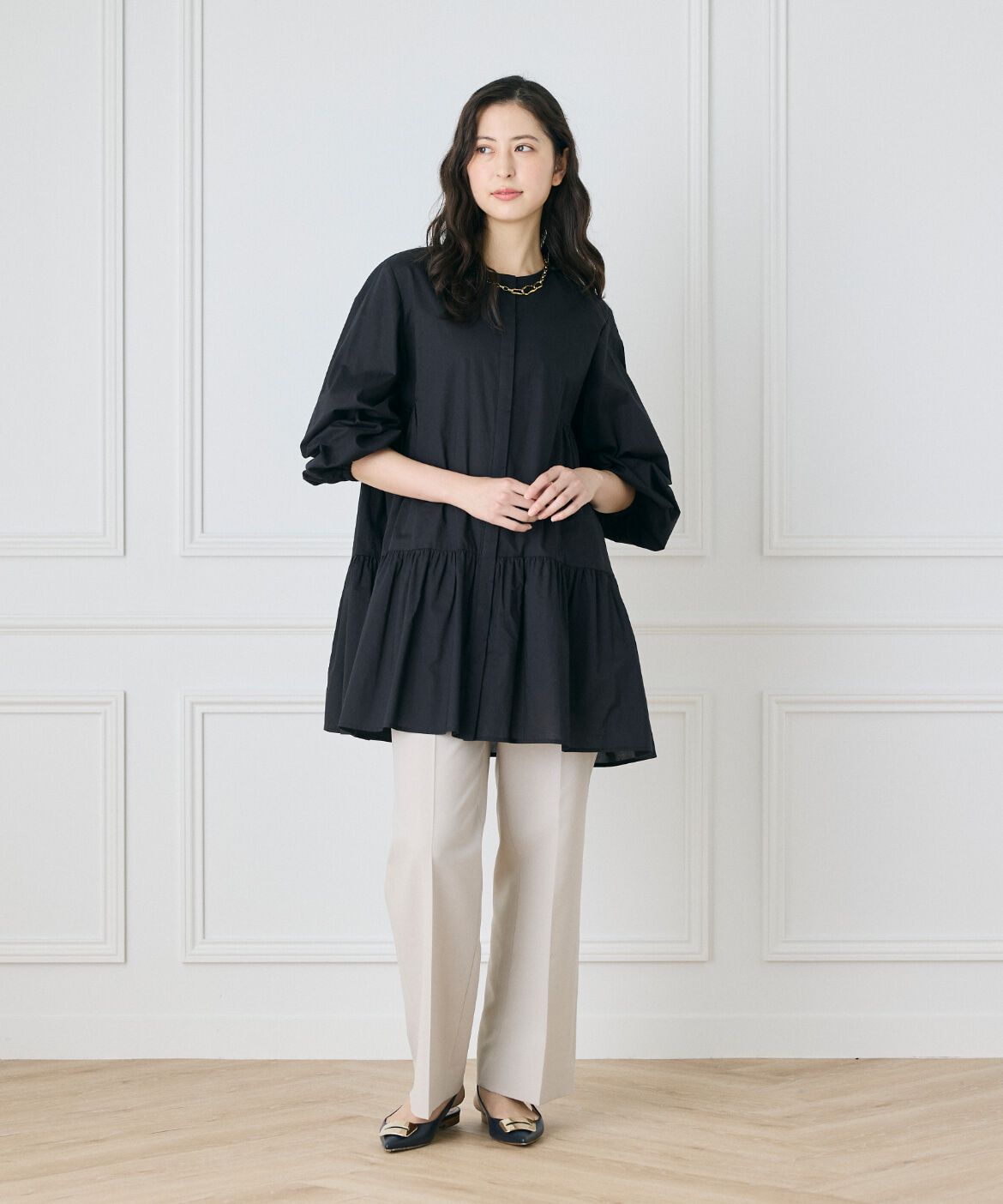 INED「《大きいサイズ》ギャザーチュニックブラウス」|シャツ・ブラウス|